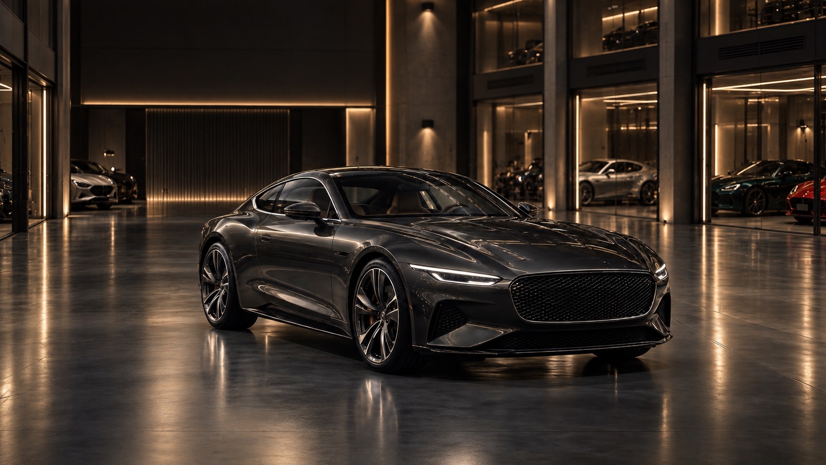 Luxury grand touring car inside a climate-controlled vehicle storage facility, conceptual imagery